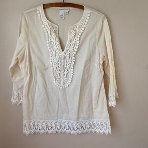 Coldwater Creek Cream Lace Trim V Neck Top Size L 14 Cottagecore Romantic